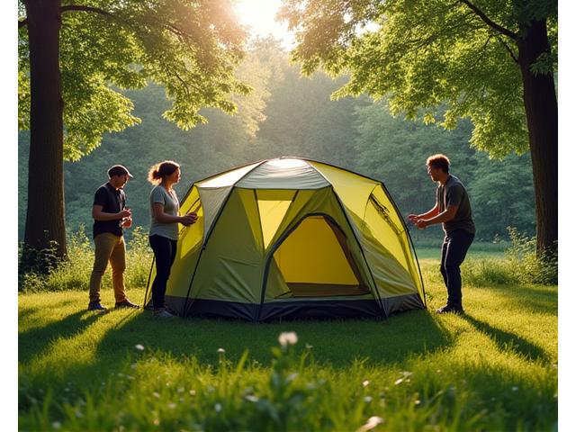 A family setting up a large, modern camping tent in a lush green forest clearing