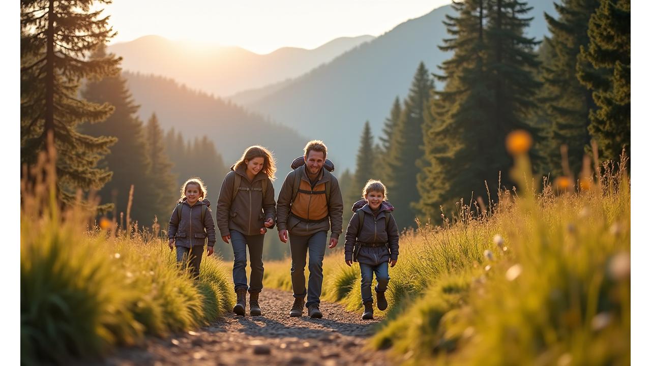 A family of four (two adults, two children) hiking on a scenic trail, smiling and enjoying the outdoors.