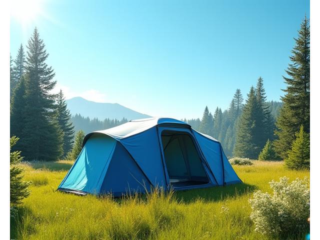 Spacious family tent with multiple rooms set up in a lush green meadow.