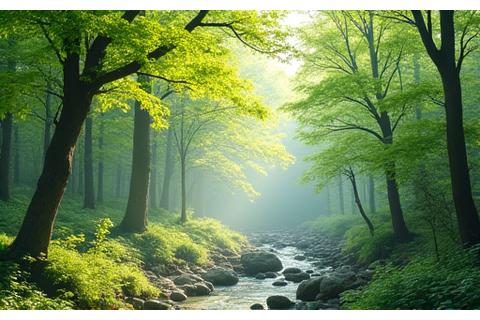 A vibrant green forest with melting snow and new buds, representing spring camping season.