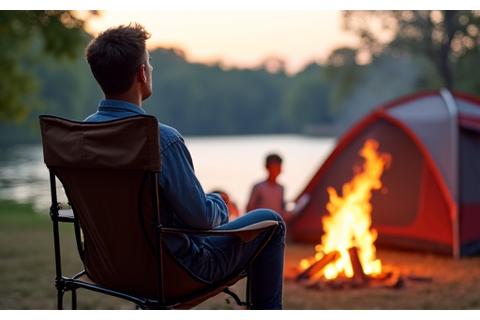 David P. relaxing comfortably in a camping chair by a lakeside campfire with his family.